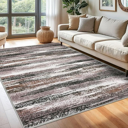Modern Abstract 6x9 Machine Washable Living Room Rug Non-Slip Soft Bedroom Area Rug Dark Light Brown White Ultra Thin Print Faux Wool Floor Carpet Throw Rugs for Dining Room Indoor Office