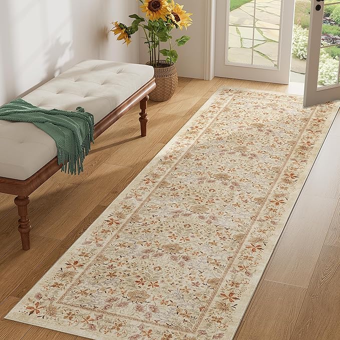 DOKINO 2x10 Runner Rug for Hallway, Vintage Washable Long Kitchen Rug with Low Pile Design, Floral Non Slip Soft Carpet Runner for Hallway, Kitchen, Bathroom, Bedroom, Beige