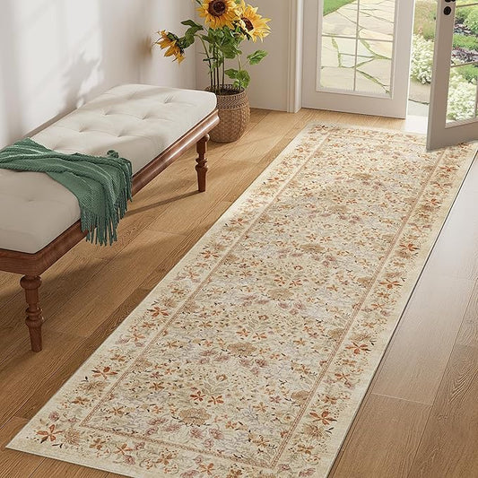 DOKINO 2x10 Runner Rug for Hallway, Vintage Washable Long Kitchen Rug with Low Pile Design, Floral Non Slip Soft Carpet Runner for Hallway, Kitchen, Bathroom, Bedroom, Beige
