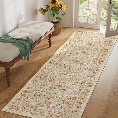 DUKINO 2.6x8 Runner Rug for Hallway, Washable Vintage Floral Kitchen Rug with Non Slip Backing, Soft Low Pile Throw Carpet Runner for Kitchen, Laundry, Hallway, Bathroom, Beige