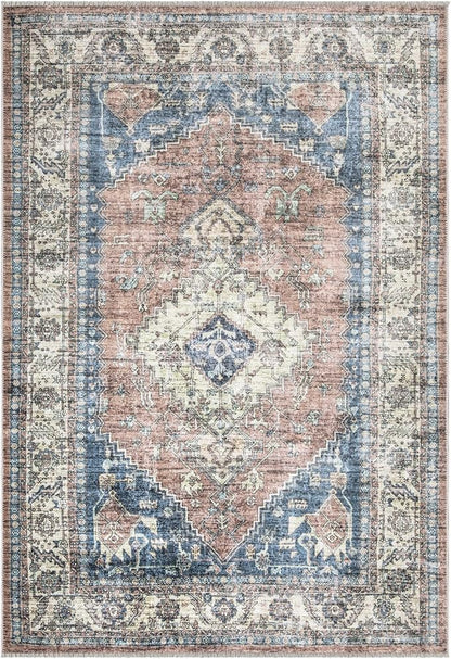 Bloom Rugs Caria Washable Non-Slip 8x10 Rug - Coral Pink/Ocean Blue Traditional Area Rug for Living Room, Bedroom, Dining Room, and Kitchen - Exact Size: 7'8" x 10'