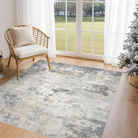Square Area Rugs : Washable 5x5 Neutral Modern Abstract Carpet for Living Room Bedroom - Soft Floor Mat with Non Slip Backing for Kitchen Nursery Dorms Farmhouse Home Decor - Blue Grey