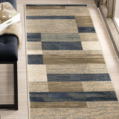 Superior Indoor Runner Rug, Jute Backed, Modern Geometric Patchwork Floor Decor for Bedroom, Office, Living Room, Entryway, Hardwood Floors, Rockwood Collection, 2' 7" x 10', Midnight Navy