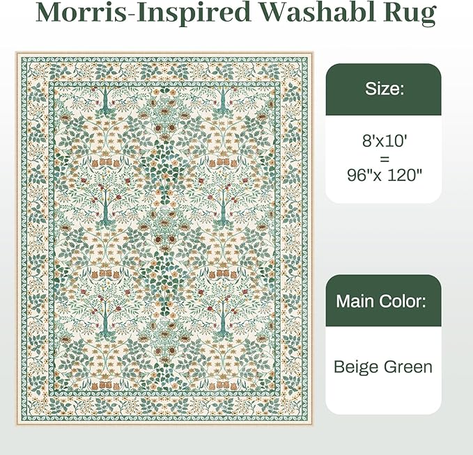 8x10 Area Rugs Living Room Rug - Floral Vintage Forest Washable Carpet, Low Pile Non-Slip Stain Resistance Boho Soft Large Carpet for Bedroom, Dining Room, Office, Farmhouse (8'x10' Beige Green)