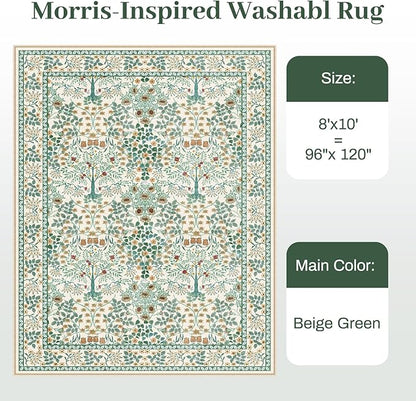 8x10 Area Rugs Living Room Rug - Floral Vintage Forest Washable Carpet, Low Pile Non-Slip Stain Resistance Boho Soft Large Carpet for Bedroom, Dining Room, Office, Farmhouse (8'x10' Beige Green)