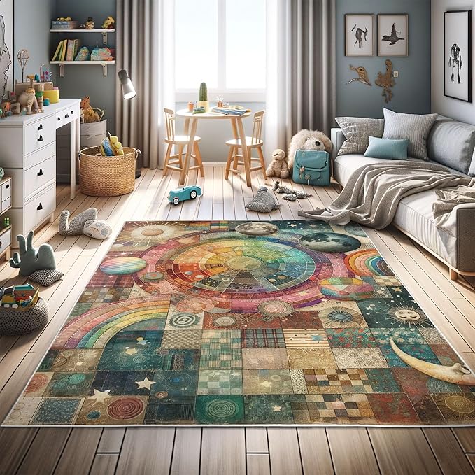 Ambesonne Planets Decorative Rug, Vintage Patchwork Ornaments and Outer Space Globes Pattern Colorful Design Print, Quality Carpet for Bedroom Dorm and Living Room, 2' 2" x 3' 7", Multicolor