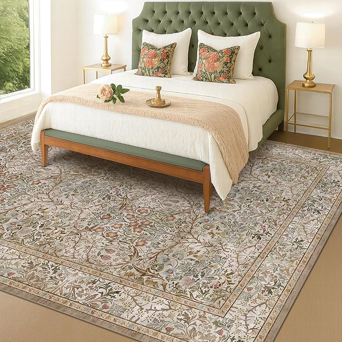 Washable Dining Room Rugs for Under Table - 7x9 Moss Green Oriental Area Rug for Living Room, Low Pile Non-Slip Floor Carpet for Bedroom Under Bed - Vintage Brown Neutral Design & Stain Resistance