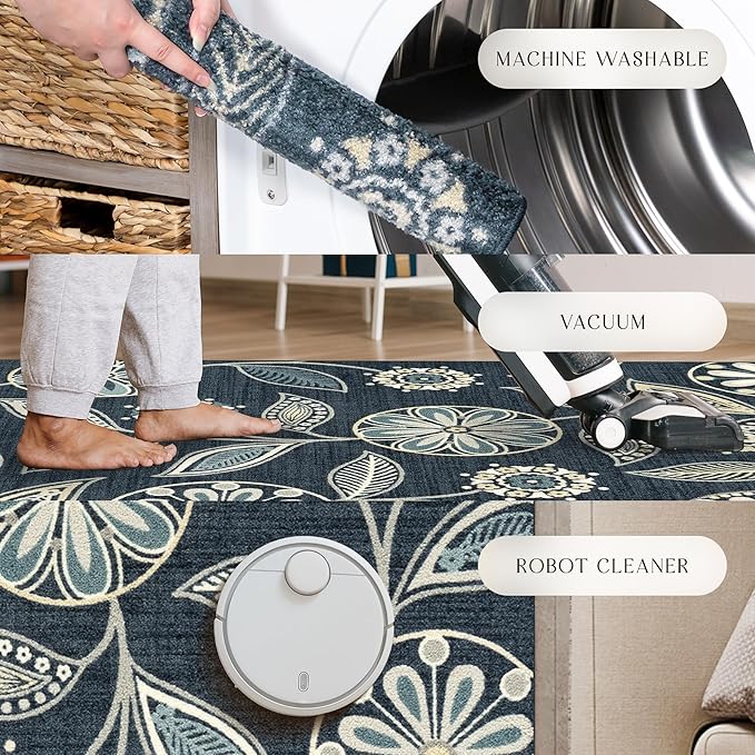 Maples Rugs Reggie Floral Kitchen Rug - Made in USA - Washable, Non Slip Indoor Carpet for Entryway, Foyer, Kitchen, and Bathroom, 2'6 x 3'10, Persian Blue