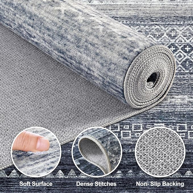Nakagishi Area Rug Living Room Rugs: 3X8 Machine Washable Boho Large Neutral Farmhouse Stain Resistant Moroccan Indoor Floor Carpet for Bedroom Nursery Dorm Dining Room Home-Denim Blue