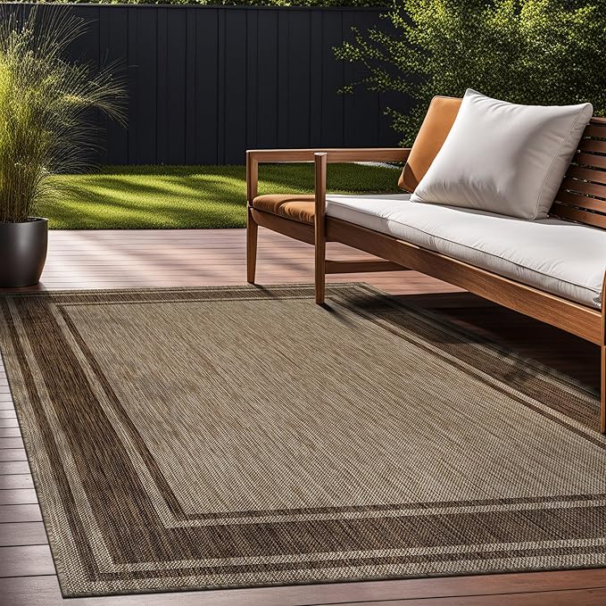 Beverly Rug Large Outdoor Rug 10x14 Modern Bordered Area Rugs for Indoor and Outdoor Patio Deck Porch Garden Waterproof Weather Sun Resistant Washable Outside Carpet (10 x 14 Jute)