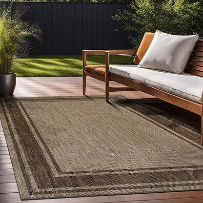 Beverly Rug Large Outdoor Rug 10x14 Modern Bordered Area Rugs for Indoor and Outdoor Patio Deck Porch Garden Waterproof Weather Sun Resistant Washable Outside Carpet (10 x 14 Jute)