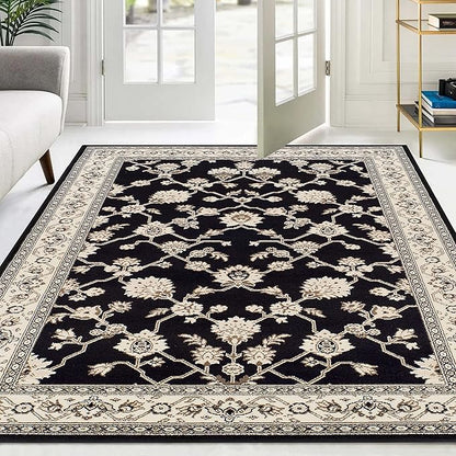 Superior Elegant Kingfield Collection Area Rug, 8mm Pile Height with Jute Backing, Classic Bordered Rug Design, Anti-Static, Water-Repellent Rugs, 5' x 8', Black