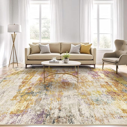 9x12 Area Rugs Living Room: Machine Washable Large Abstract Modern Soft Rug Stain Resistant Indoor Floor Non Slip Accent Carpet for Bedroom Nursery Playroom Office Dining Room Dorm- Gold Colorful