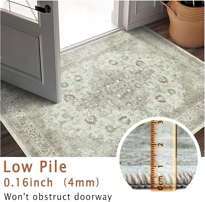 vivorug Sage Green Runner Rug 2x10 Machine Washable Rug with Non-Slip Backing, Ideal for Kitchen Hallway Entryway Laundry Room - Vintage, Durable, Easy Clean, Low Pile Carpet Runner