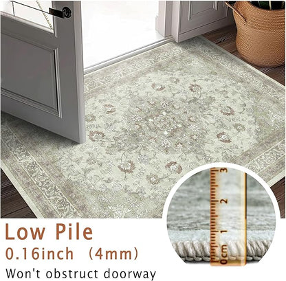 vivorug Sage Green 5x7 Area Rugs - Ultra-Thin Washable Rug with Non-Slip Backing, Ideal for Living Room, Bedroom, Kitchen Floor Carpet - Vintage Floral, Easy Clean, Durable, Low Pile