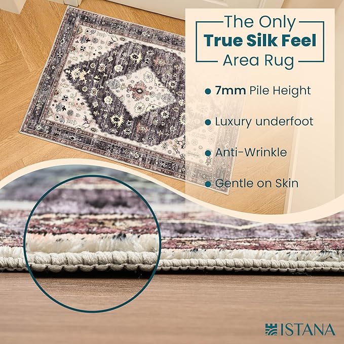 Istana Area Rug 2x4 - Dark Grey Blue & Rose Mauve 2x4 Washable Rug Non Slip - Pet Friendly Living Room Rug - Non Shedding Washable Rugs for Bedroom - Foldable Bathroom Rugs