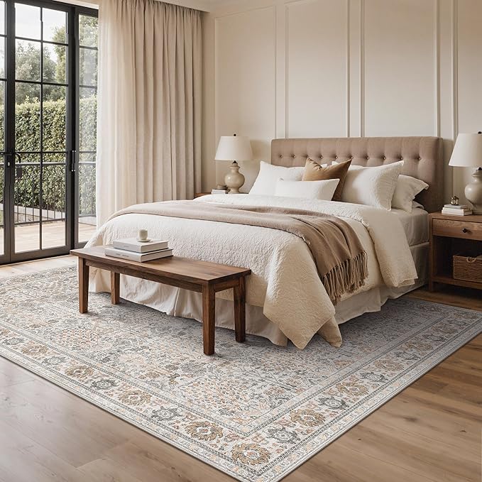 Bavni Washable Rugs 8x10-Machine Washable Rug Lightweight Low Pile, Vintage Floral Rug Non-Shedding Distressed Throw Carpet for Living Room Bedroom Office, Beige Gery
