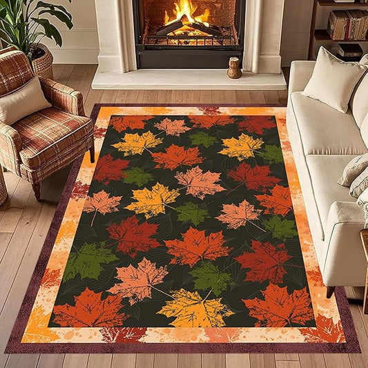 Fall Themed Area Carpet, 4x5ft, Autumn Fallen Leaves Print Pattern Retro Rustic Style Dark Stain Resistant Throw Rug, Low-Profile Non Slip Breathable Floor Mat for Dining Room Laundry