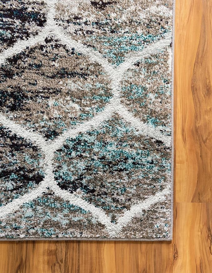 Rugs.com Lattice Frieze Collection Rug – 2' x 8' 8 Runner Blue Multi Medium Rug Perfect for Living Rooms, Large Dining Rooms, Open Floorplans
