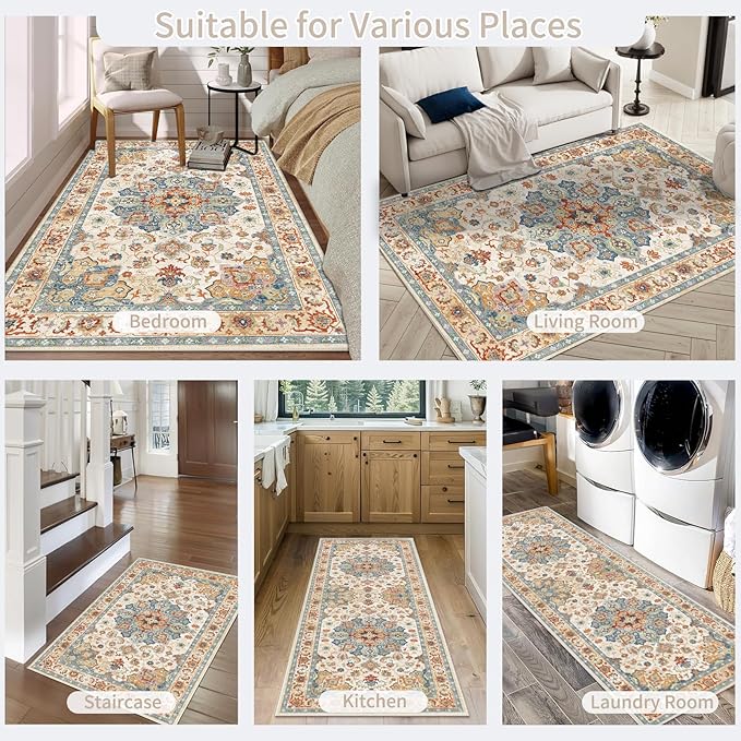 Enkor Area Soft Rugs 2x3 Washable Non Slip Boho Small Floor Entryway Rugs for Living Room Bedroom, Vintage Style Farmhouse Mat for Kitchen Orange & Beige