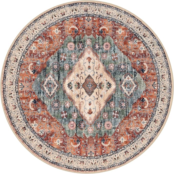 KOZYFLY Boho Round Rug 3 Ft Rugs for Entryway Washable Circle Rug Non Slip Doormat Rust/Orange/Blue Printed Faux Wool Vintage Round Entryway Rug Floor Carpet Round for Entrance, Bedroom