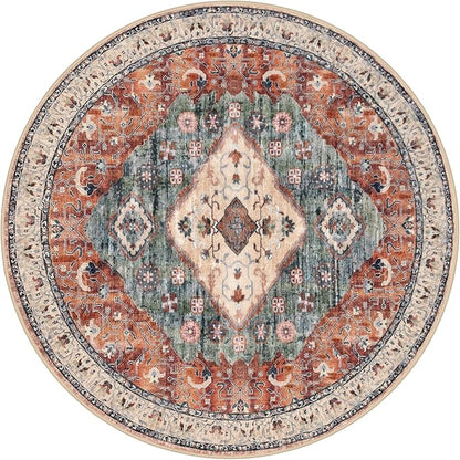 KOZYFLY Boho Round Rug 5 Ft Rugs for Entryway Washable Circle Rug Non Slip Doormat Rust/Orange/Blue Printed Faux Wool Vintage Round Entryway Rug Floor Carpet Round for Entrance, Bedroom