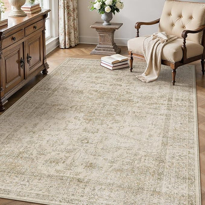 HUGEAR 3x5 Entryway Area Rug Retro Beige Small Rug Machine Washable Door Mat Vintage Floral Low Pile Carpet Distressed Throw Rug Entrance Kitchen Bedroom Bathroom Office Non Slip Soft Lightweight