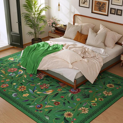 Vintage Medallion Floral 5x7 Area Rugs, Machine Washable Non-Slip, Low Pile Soft Carpet for Living Room, Bedroom, Dining Room, Farmhouse, Kids Playroom, Office | Green