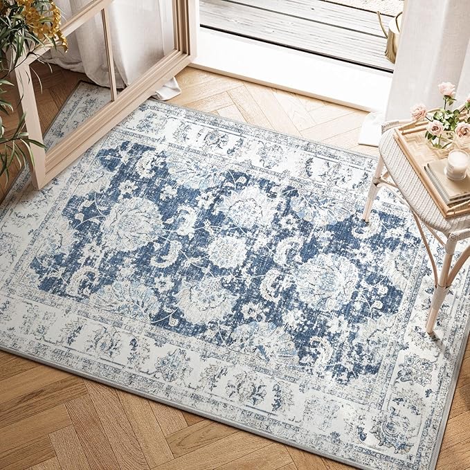 jinchan Fiora Floral 2x3 Rug for Entryway - Vintage Washable Small Non-Slip Distressed Indoor Doormat Ultra-Thin Low-Pile Accent Rug for Entrance Kitchen Bedroom Bathroom (2x3ft, Dark Blue)