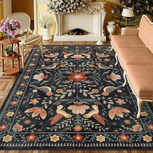 Moynesa Black Washable 8x10 Area Rugs for Living Room Bedroom Dining Room, Modern Transitional Aesthetic Floral Bird Medallion Carpet, Folk Art Home Decor Open Floor Areas Protection Non-Slip