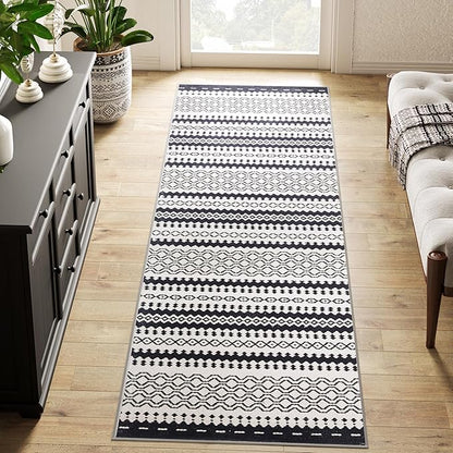 jinchan Moroccan Runner Rug 2x8 for Hallway - Geometric Honeycomb Modern Geometric Machine Washable Soft Ultra-Thin Non-Slip Carpet for Kitchen Bedroom Laundry Room (2x8ft, Black)