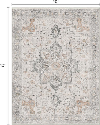 10x12 Area Rugs for Living Room, Non Slip Machine Washable Vintage Rugs, Low Pile Lightweight Print Large Rug for Bedroom, Dining Room, Home Office, Light Taupe Brown