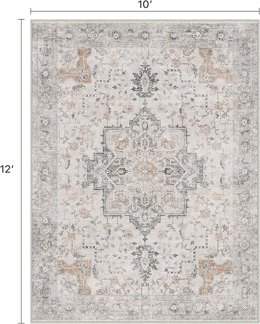 10x12 Area Rugs for Living Room, Non Slip Machine Washable Vintage Rugs, Low Pile Lightweight Print Large Rug for Bedroom, Dining Room, Home Office, Light Taupe Brown