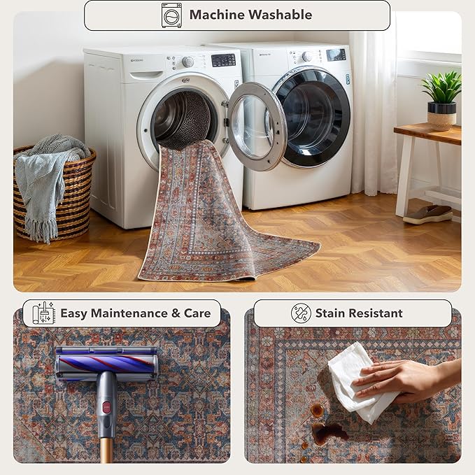 Kuden 8x10 Large Area Rug, Machine Washable Area Rug with Non-Slip Backing, Vintage Style, Soft, Easy Clean, Low Pile Rug for Living Room, Bedroom, Dining Room