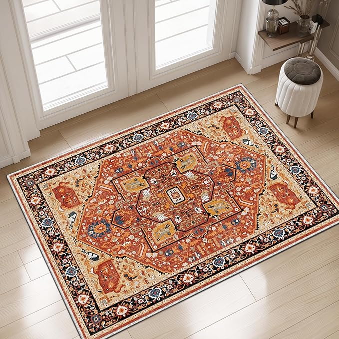 EnHomee 3x5 Washable Area Rugs for Bedroom, Boho Vintage Rugs, Foldable Area Rug for Dining Room, Non-Slip Soft Living Room Rug, Low Pile Large Carpet for Bathroom, Red