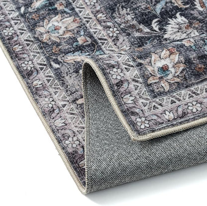 2x6 Washable Vintage Runner Rug Black Grey Hallway Kitchen Carpet Non-Slip Soft Low Pile Distressed Throw Rug for Bedroom Bathroom Laundry Living Room