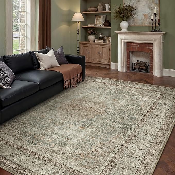 Sage Area Rug 8x10 for Living Room Washable Vintage Carpet Low Pile Non Slip Distressed Soft Traditional Retro Oriental Large Accent Throw Rug Office Bedroom Dining Room Playroom