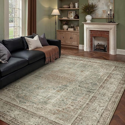 Sage Area Rug 8x10 for Living Room Washable Vintage Carpet Low Pile Non Slip Distressed Soft Traditional Retro Oriental Large Accent Throw Rug Office Bedroom Dining Room Playroom