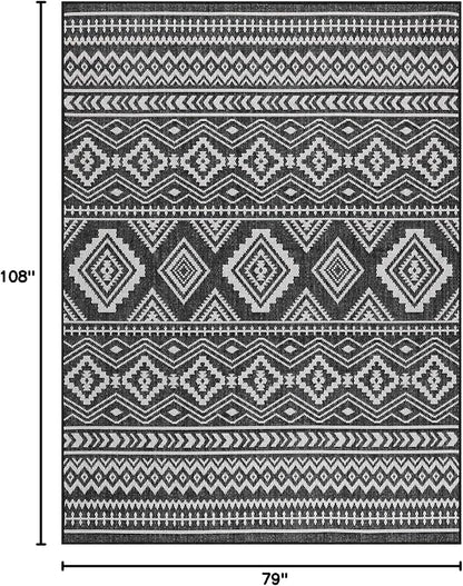 Beverly Rug Waikiki Boho Indoor Outdoor Rug 6x9, Washable Outside Carpet for Patio, Deck, Porch, Bohemian Area Rug, Farmhouse Rugs, Aztec Tribal Rug, Black and White