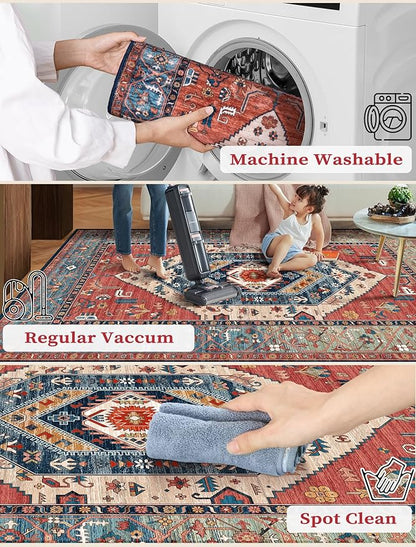 SERISSA Runner Rug for Hallways, 2'6"x18' Washable Non Slip Kitchen Runner Rug, Extra Long Boho Rug Ultra Soft Vintage Rust Print Floor Carpet for Hallway Living Room Dining Room Bedroom