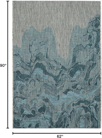 FH Home Outdoor Rug - Waterproof Easy to Clean Stain Resistant - Patio Indoor Outdoor Porch Deck Balcony Entryway - Modern Abstract - Freeport - Blue - 5ft 2in x 7ft 6in