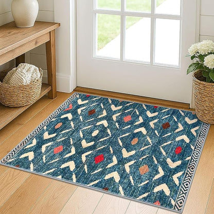 KILOCOCO Small Rug 2'x3' Entryway Rug Printed Moroccan Indoor Door Mat Machine Washable Non Slip Soft Throw Rugs for Bedroom Kitchen Entrance Geometric Boho Rugs, Teal/Blue