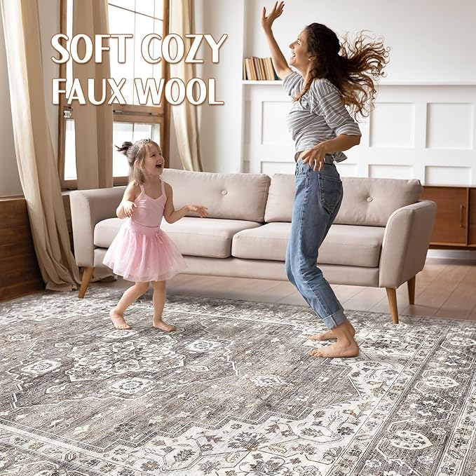 9x12 Area Rug Living Room: Washable Boho Large Neutral Vintage Soft Rugs Stain Resistant Farmhouse Non-Slip Indoor Rustic Floor Carpet for Bedroom Nursery Kids Playroom Office Dining Room- Dark Brown