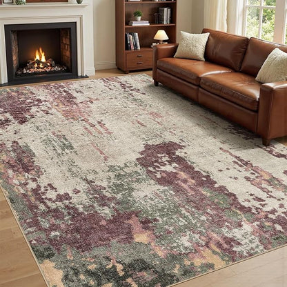 5x8 Area Rug Living Room Rugs - Washable Neutral Modern Abstract Soft Thin Rug Indoor Floor No Slip Rug Carpet for Bedroom Under Dining Table Home Office Decor - Purple/Green/Beige
