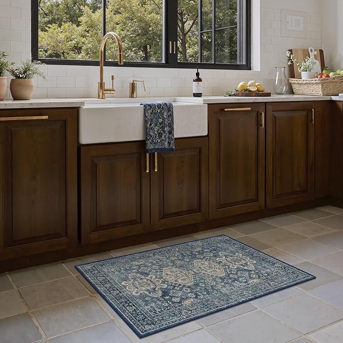 Bavni Washable Entry Rug 2x3, Non Slip Door Mat for Entryway or Kitchen, Vintage Print Low Pile Ultra Thin Indoor Rug, Blue