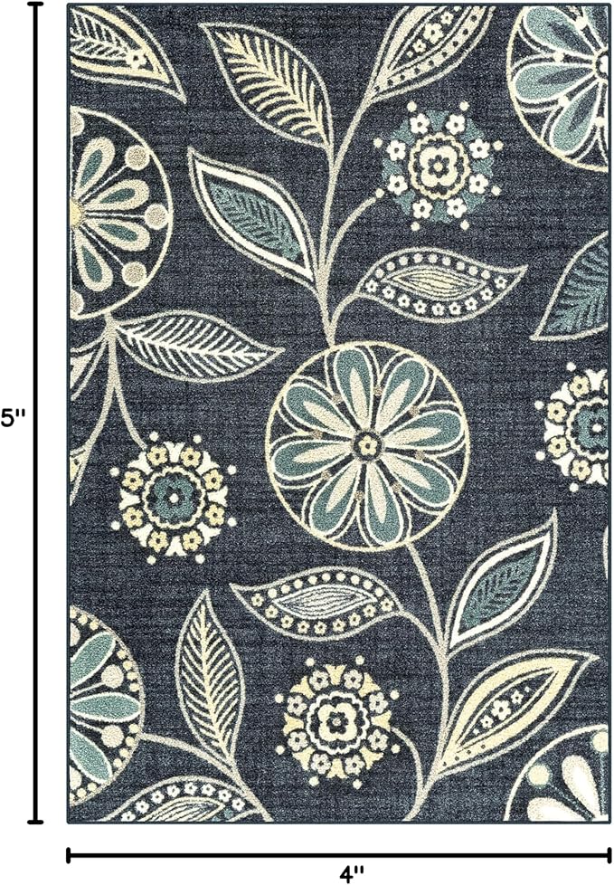 Maples Rugs Reggie Floral Area Rug - Made in USA - Washable, Non Slip, Pet-Friendly Mats for Living Room, Bedroom, and Office, 3'4 x 5, Persian Blue