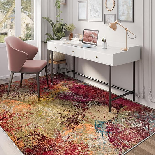Arbosofe Modern Abstract Rug for Living Room, 5'x7' Washable Area Rug with Non-Slip Backing & Short Pile, Large Carpet with Abstract Pattern for Living Room Bedroom and Dining Floor Carpet Red Orange