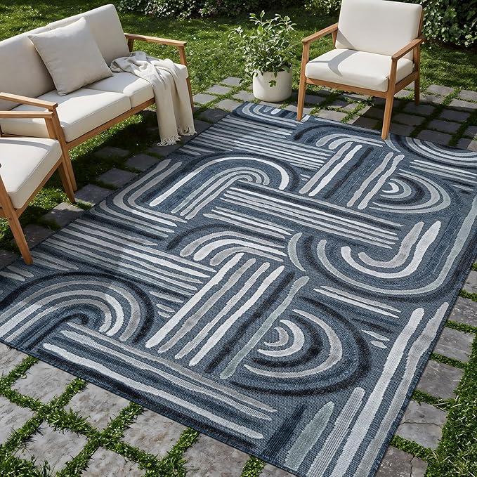 CAMILSON Indoor Outdoor Rug, Navy Blue 6x9 Geometric Arch Striped Area Rugs for Patio and Home Areas, Easy-Cleaning Non-Shedding Living Room, Garden and Deck Washable Outside Carpet (6 x 9)