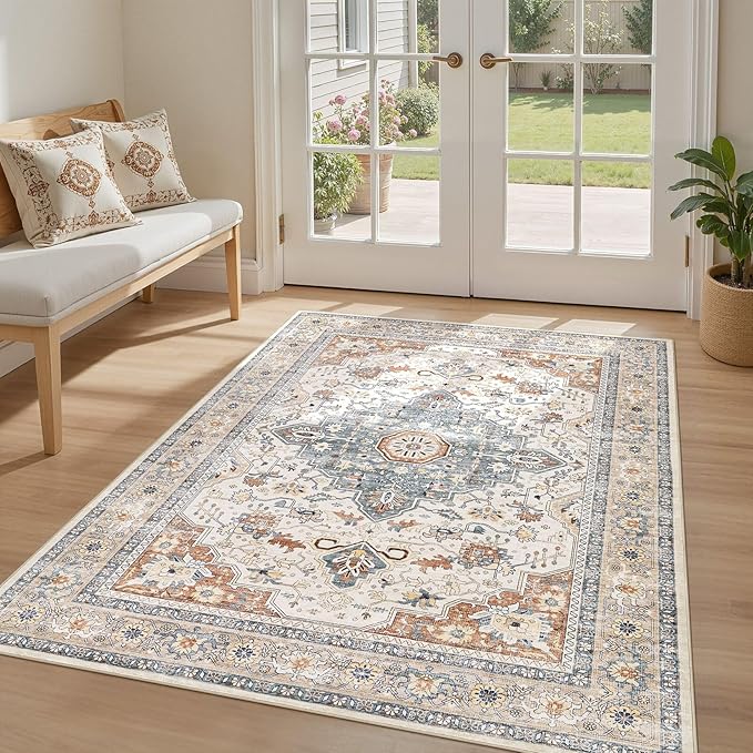 4x6 Area Rugs Washable Rug: Boho Large Neutral Vintage Soft Rug Stain Resistant Distressed Farmhouse Non-Slip Indoor Floor Carpet for Bedroom Entryway Nursery Kids Office Dining Room- Beige Blue
