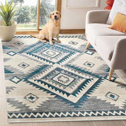 YHSF South West Native American Rug Ritz – Native Tribal American Indian Inspired Rug - Living Room, Bedroom, Hallway, Entryway & High-Traffic Area Rugs - Washable - Soft - Aqua, 5 Feet x 7 Feet